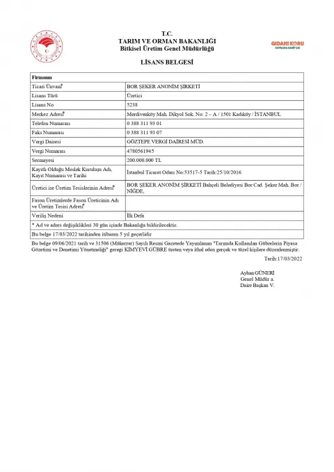 Kimyevi Gübre Lisans Belgesi