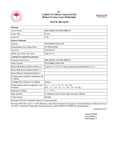 Tescil Belgesi - ATAK 5-0-25