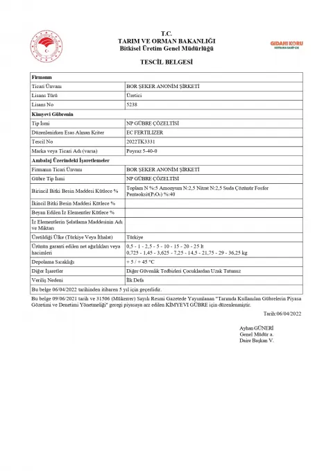 Tescil Belgesi - POYRAZ 5-40-0