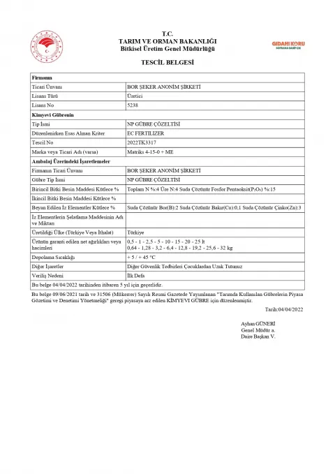 Tescil Belgesi - MATRİKS 4-15-0