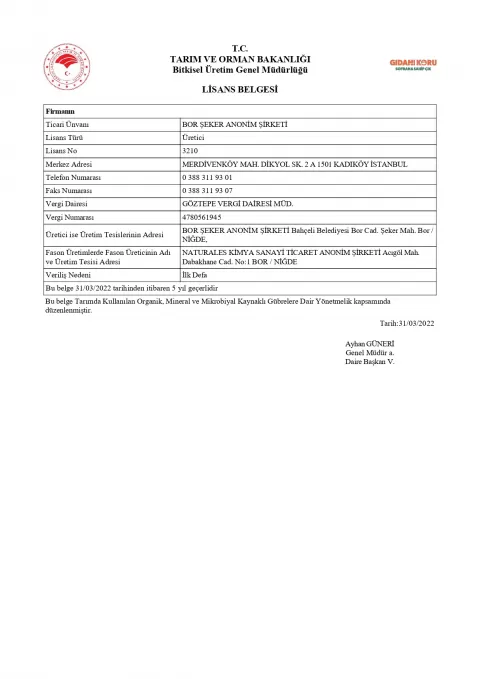 Organik Gübre Lisans Belgesi