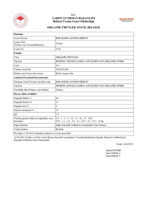 Tescil Belgesi BorTa Amino Star 